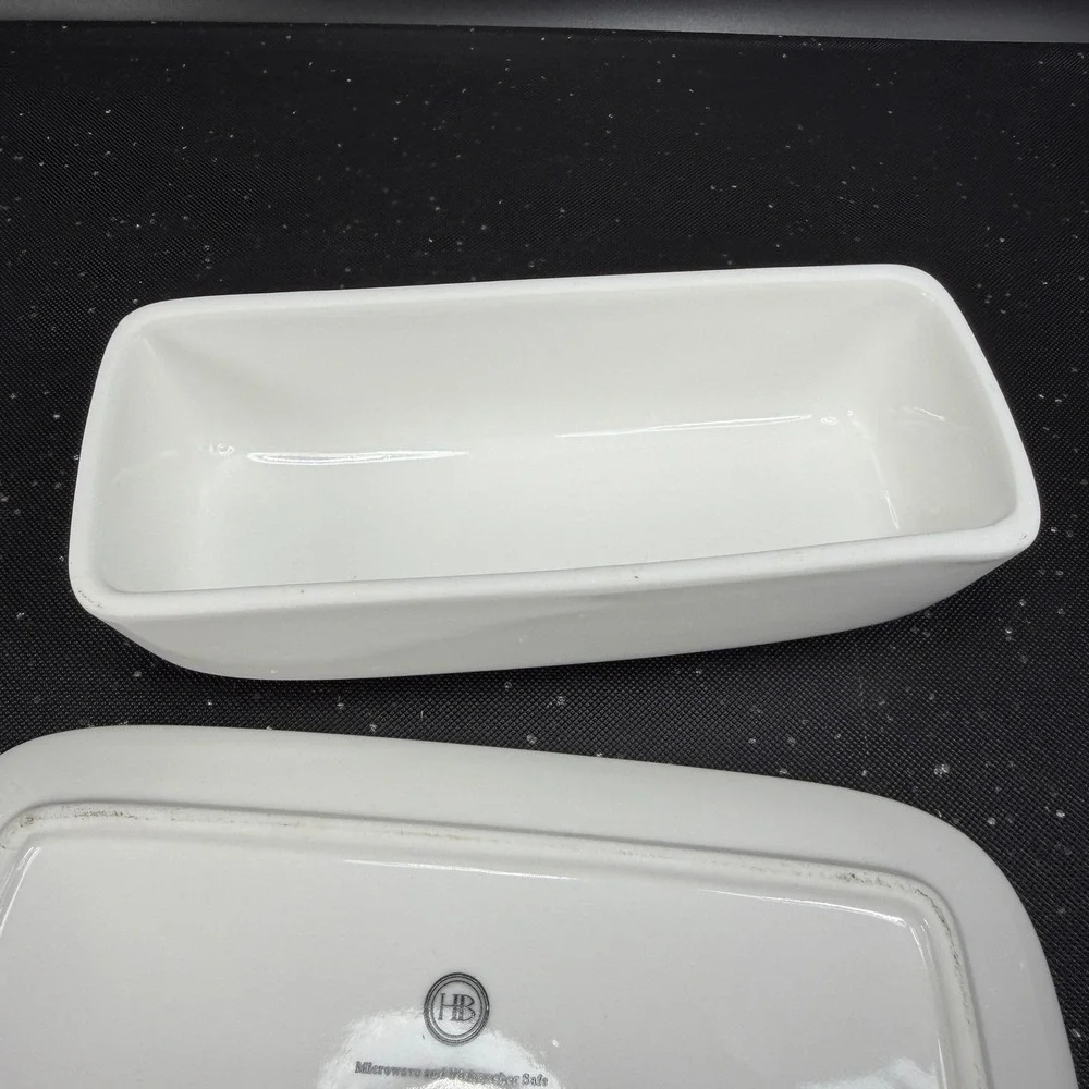 HB White Ceramic Butter Dish with Lid Microwave and Dishwasher Safe 8x4 Inch